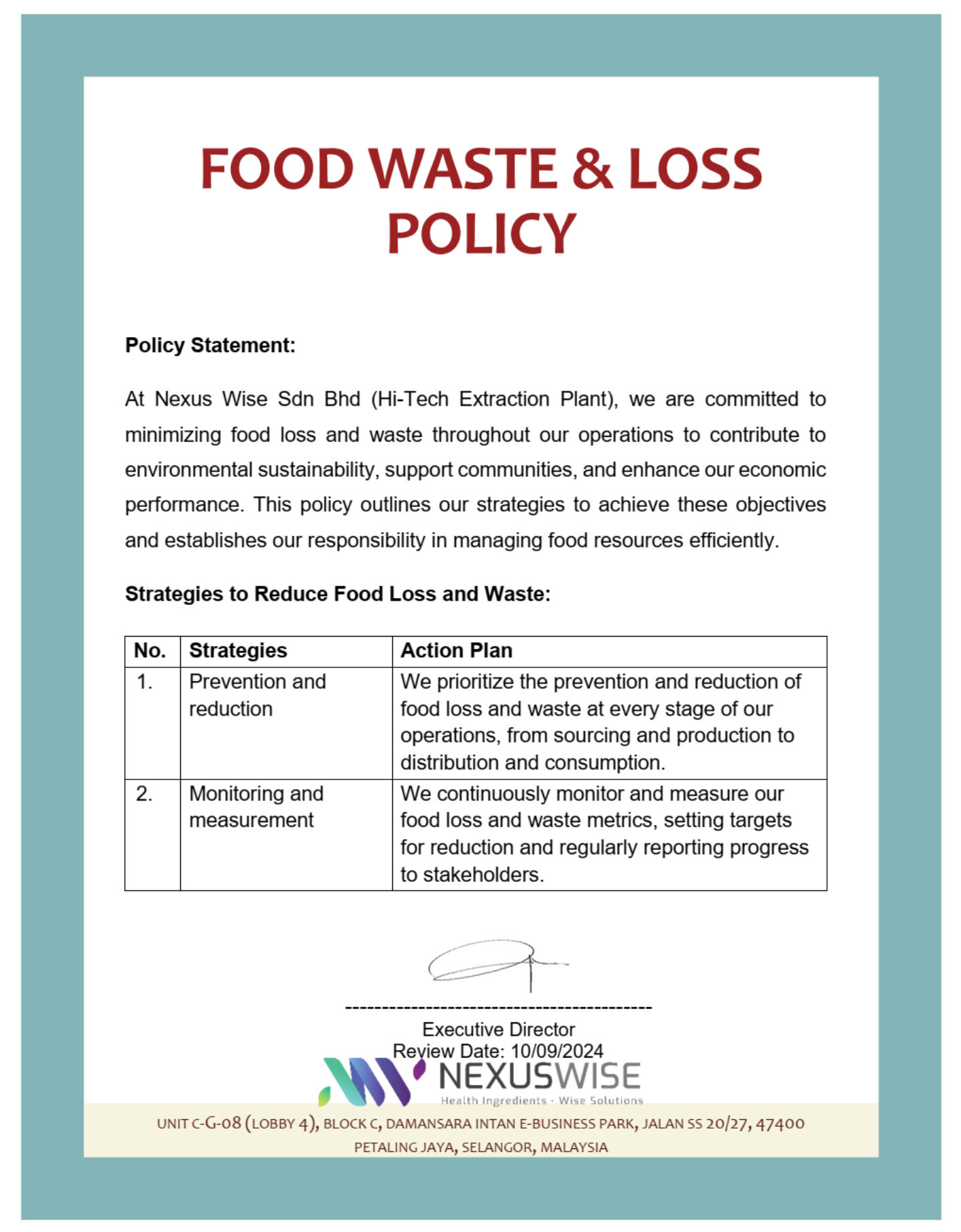 nexus wise food waste and loss policy