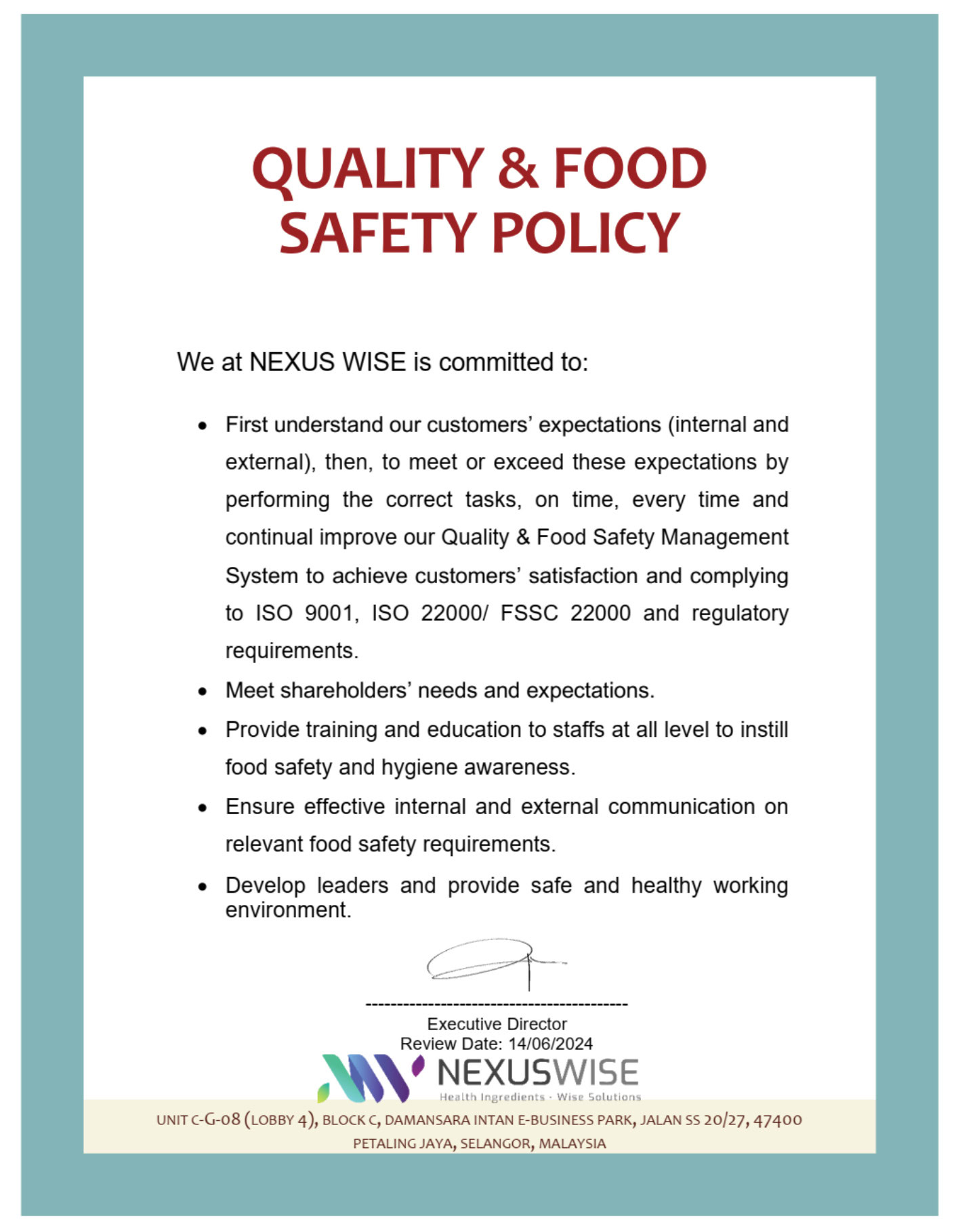 nexus wise quality and food safety policy