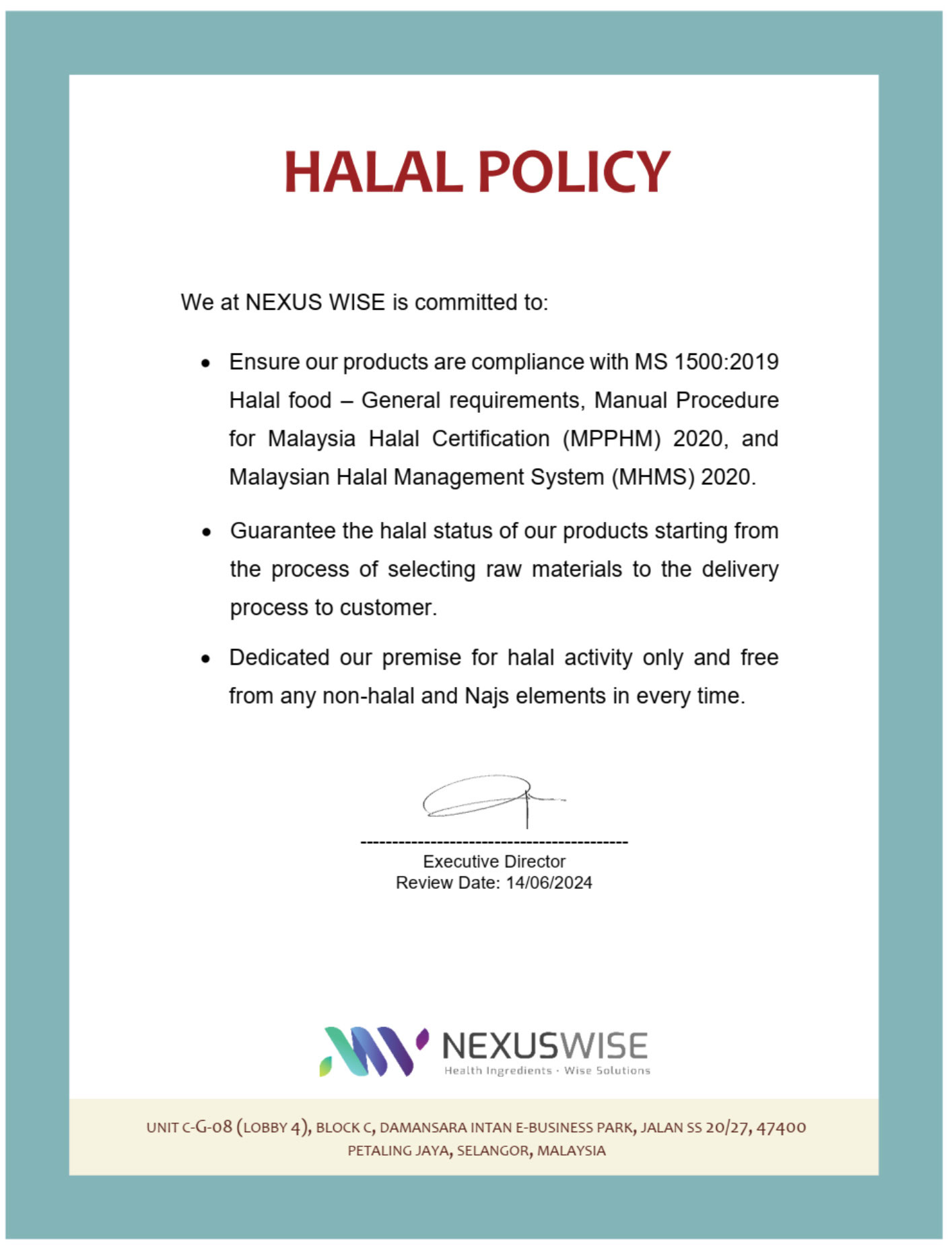 nexus wise halal policy